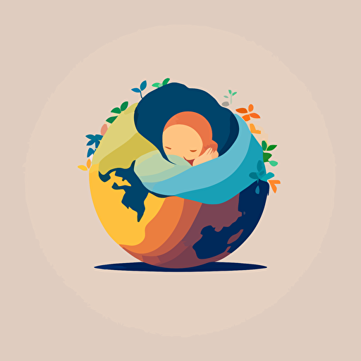flat vector logo of circle, gradient, baby wrapped around earth and blanket, simple minimal