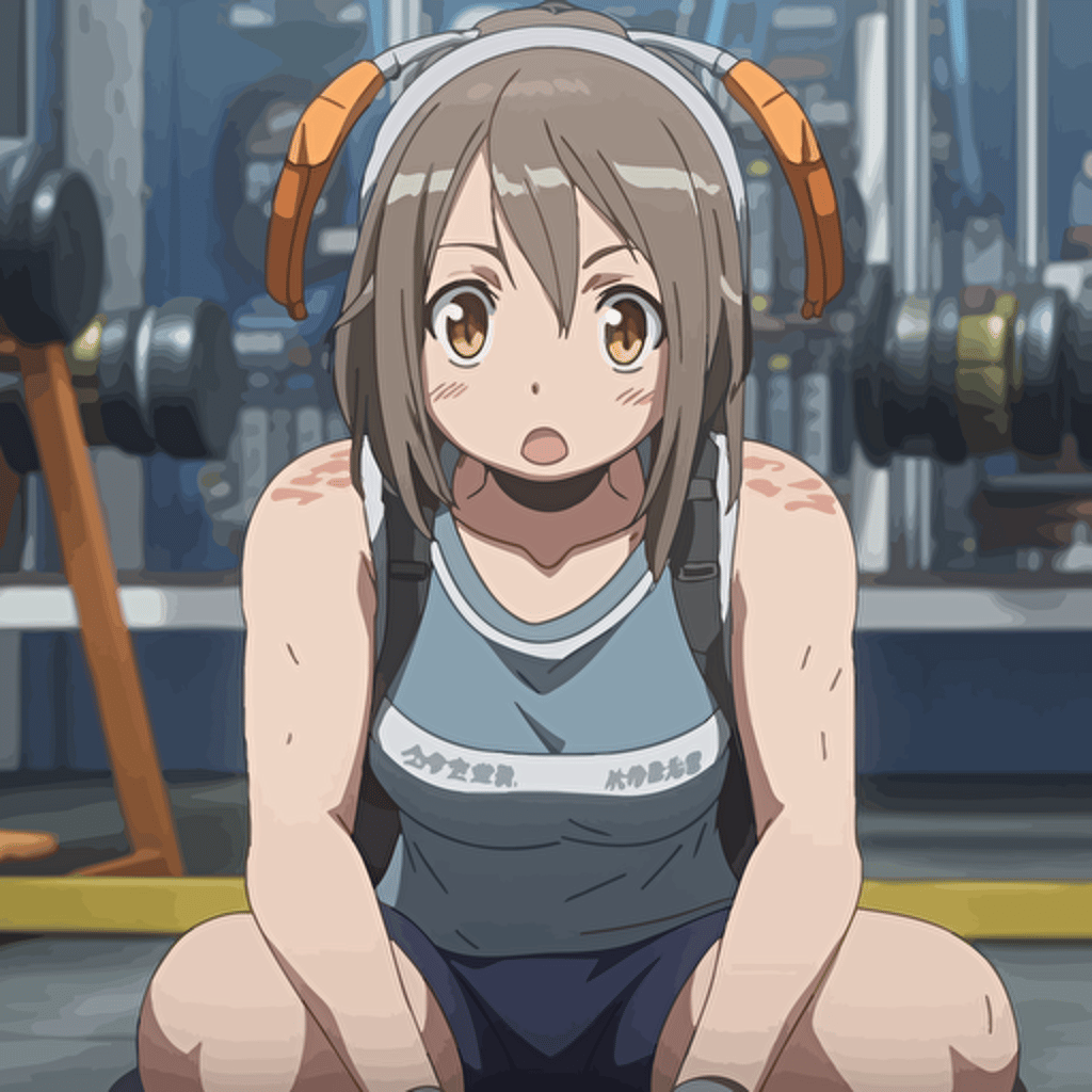 anime girl wearing sbd gear doing powerlifting exercices, facial expression displayed a strained expression, sweat dripping from the furrowed brow, tongue is out,