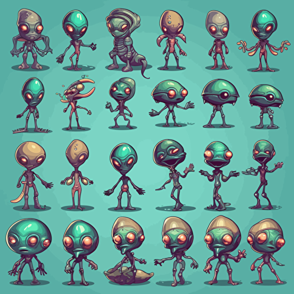 906 poses for a video game sprite sheet, no background, brand new aliens by DJ SHADOWMIND, vector art,