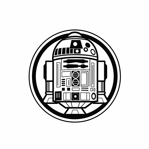 Chubby r2d2 illustration, looking at the camera, minimal, outline strokes only, black and white, logo, vector, white background
