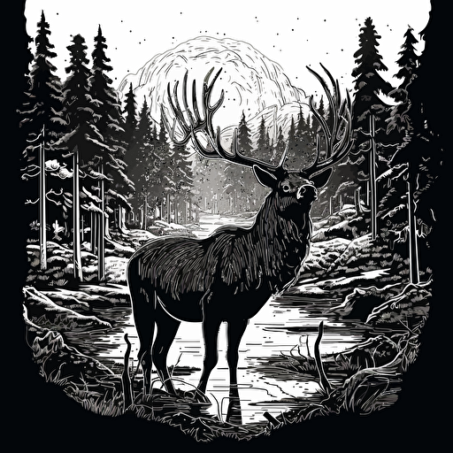 Elk drinking coffee dressed in hunting gear, black and white illustration, simple vector, white background ::woodcut style