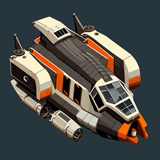 heavy duty space ship, vector, simple, top down, isometric, orange and grey, black background