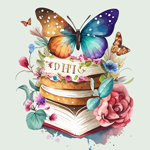 watercolor vector art, pretty books, pastry, joyful, watercolor, butterfly, flowers