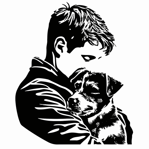 A logo of a person holding a dog in a vector style with no background in black and white colors