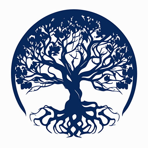 a very simple and iconic royal blue vector silhouette of a tree of life within a circle, with 7 clear roots, simple leaves and clear forms for use as a logo, branding, sharp, clear, Ateneo