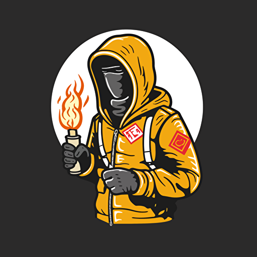 2d vector icon. a Arsenal FC ultra supporter is holding a golden flare torch. Supporter is wearing a stone island jacket and a balaclava.