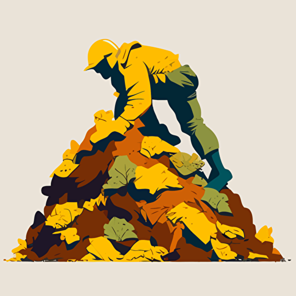 mutlicoloured vector with no gradients, yellow coloured worker climbing a pile of dirt on all fours