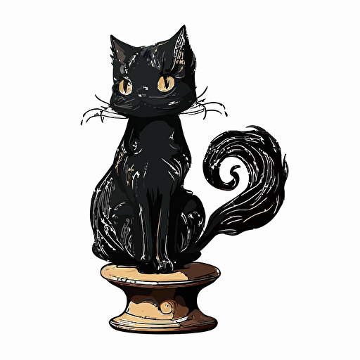 manga style, hand drawn cartoon, black, cute female cat sitting on a pedestal, white background, vector, High definition