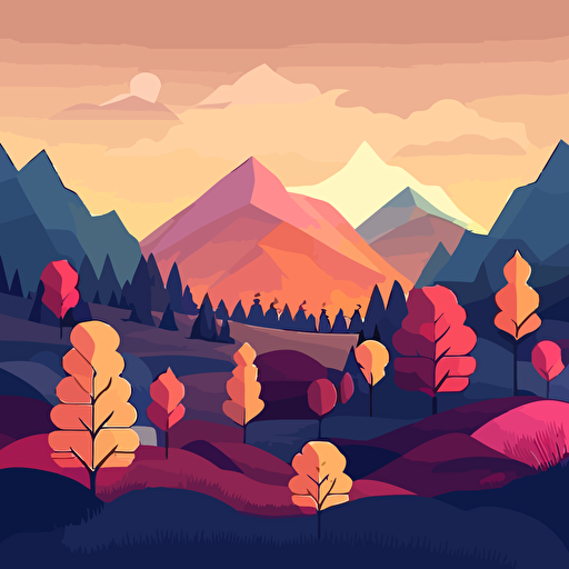 background, vector, illustrator, mountains, fields, forests, soft style, colorfull, 2d, minimalism, game art, simple