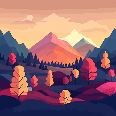 background, vector, illustrator, mountains, fields, forests, soft style, colorfull, 2d, minimalism, game art, simple