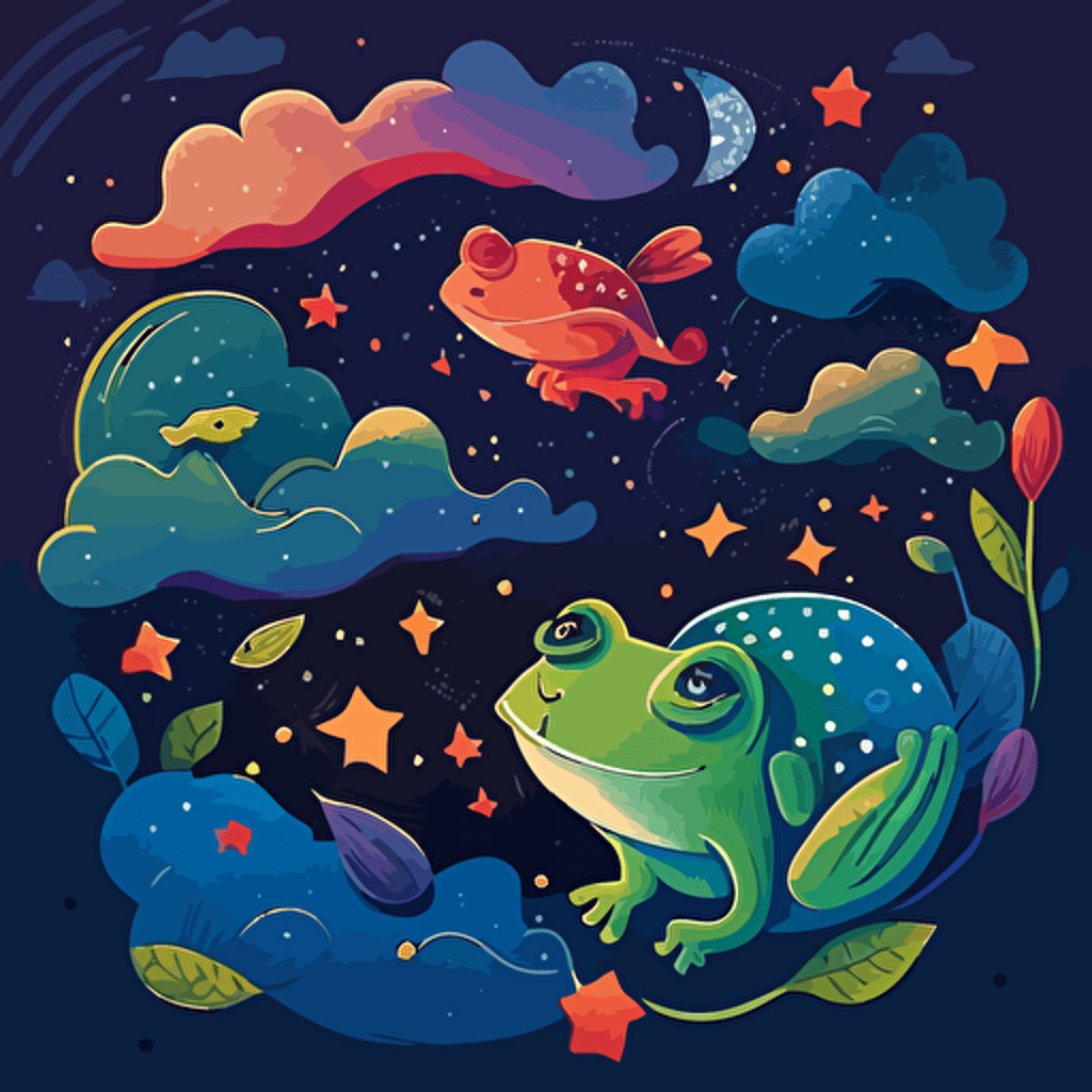 Based on Marc Chagall's dreamlike compositions, design a vector illustration of frogs and humans floating among the clouds, engaging in playful activities. Use a colorful palette and a sense of fantasy. Set the scene in a world where the sky is filled with stars.