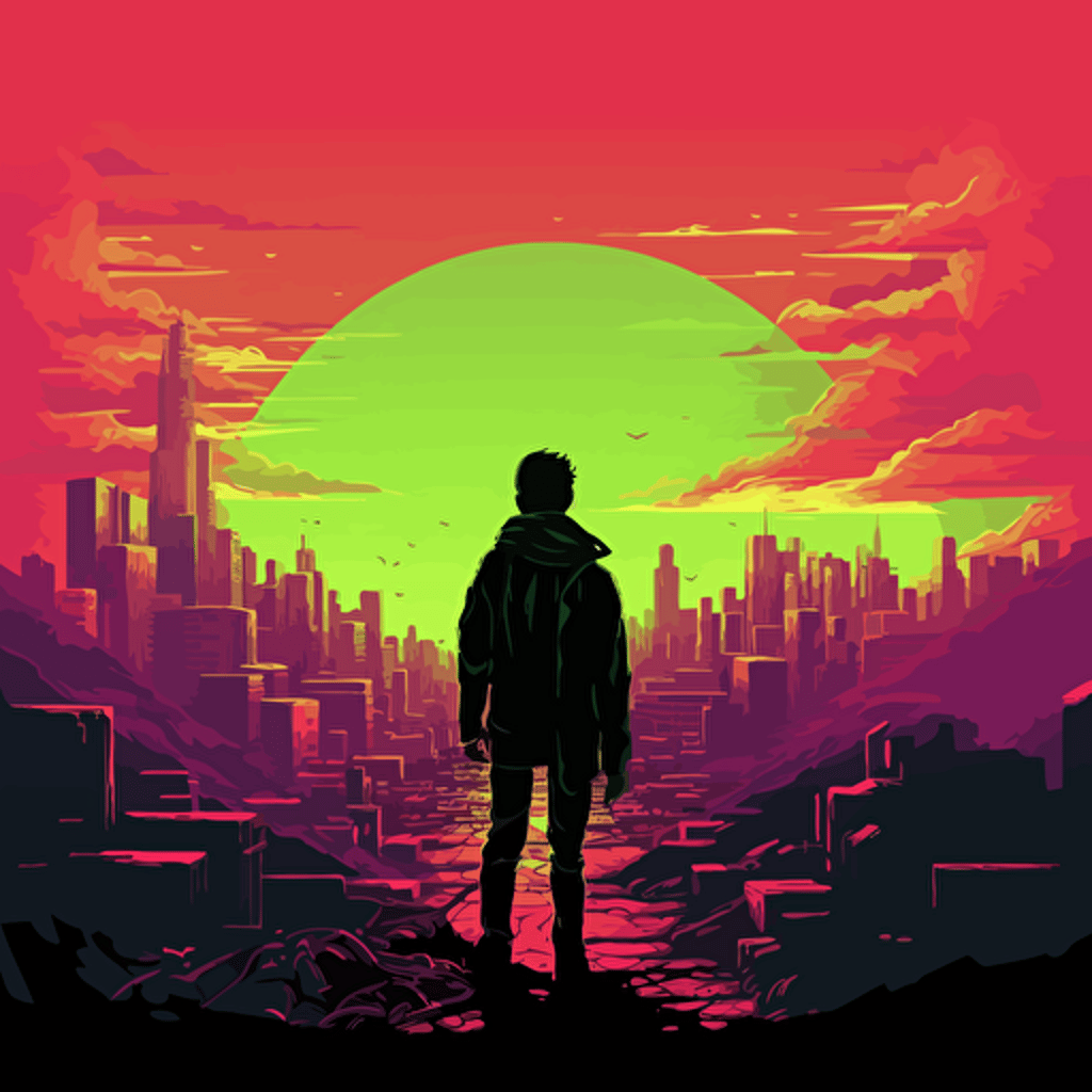 create a duotone green and red vector art about movies theme, cyberpunk style,in a 8-bit gradient sunset, illustrated in manga style