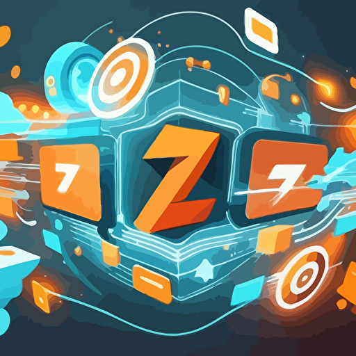 Surging buzzing tech logos zooming and spinning into the ether, and into and out of the internet in 2D vector art explainer video style ar 16:9