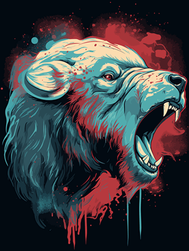 vector art of a Cape buffalo roaring, red, white and turquoise lighting, 300 dpi,