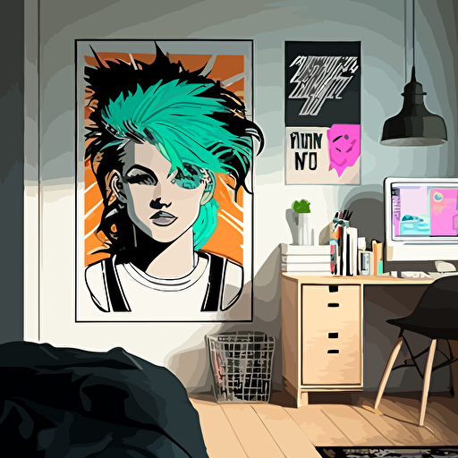 vector art, teen room with a cindy Lauper poster on the wall