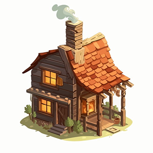 Cartoon vector style wodden hut with chimney, isometric view, transparent background