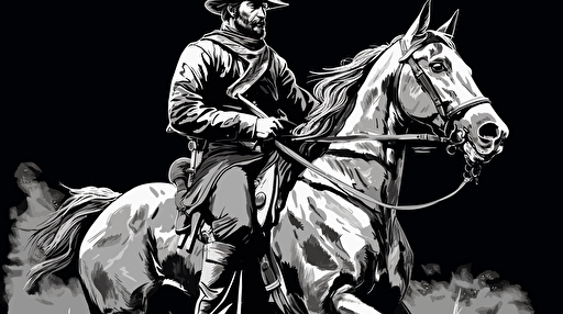 confederate general riding a galloping war horse with war paint on his face pointing a musket, profile view, black and white vector style