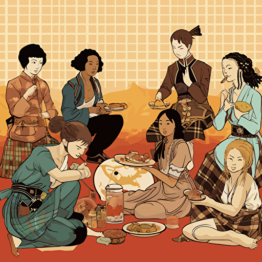 vector sheet of various ethnicities in traditional Scottish dress eating, talking or listening to music, manga style playful