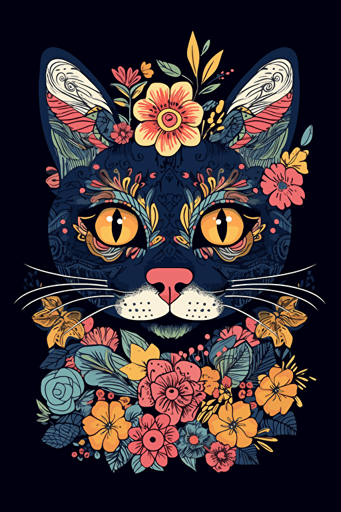 cat , flowers, boho color, Timba Smits style, vector, 2d,
