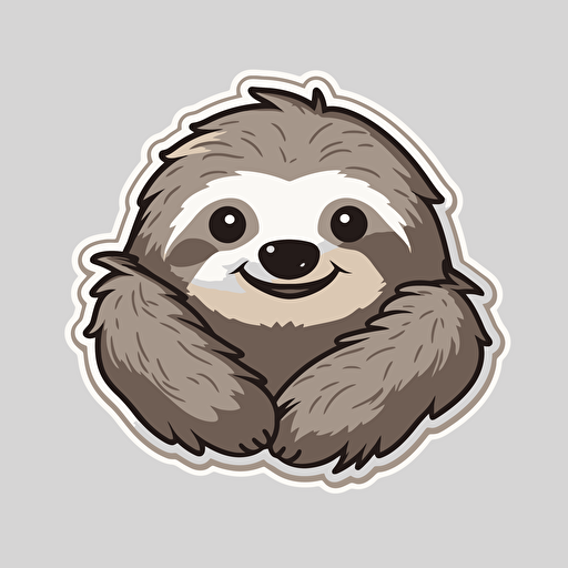 sticker, cute and happy sloth, kawaii, contour, vector, white border, gray background