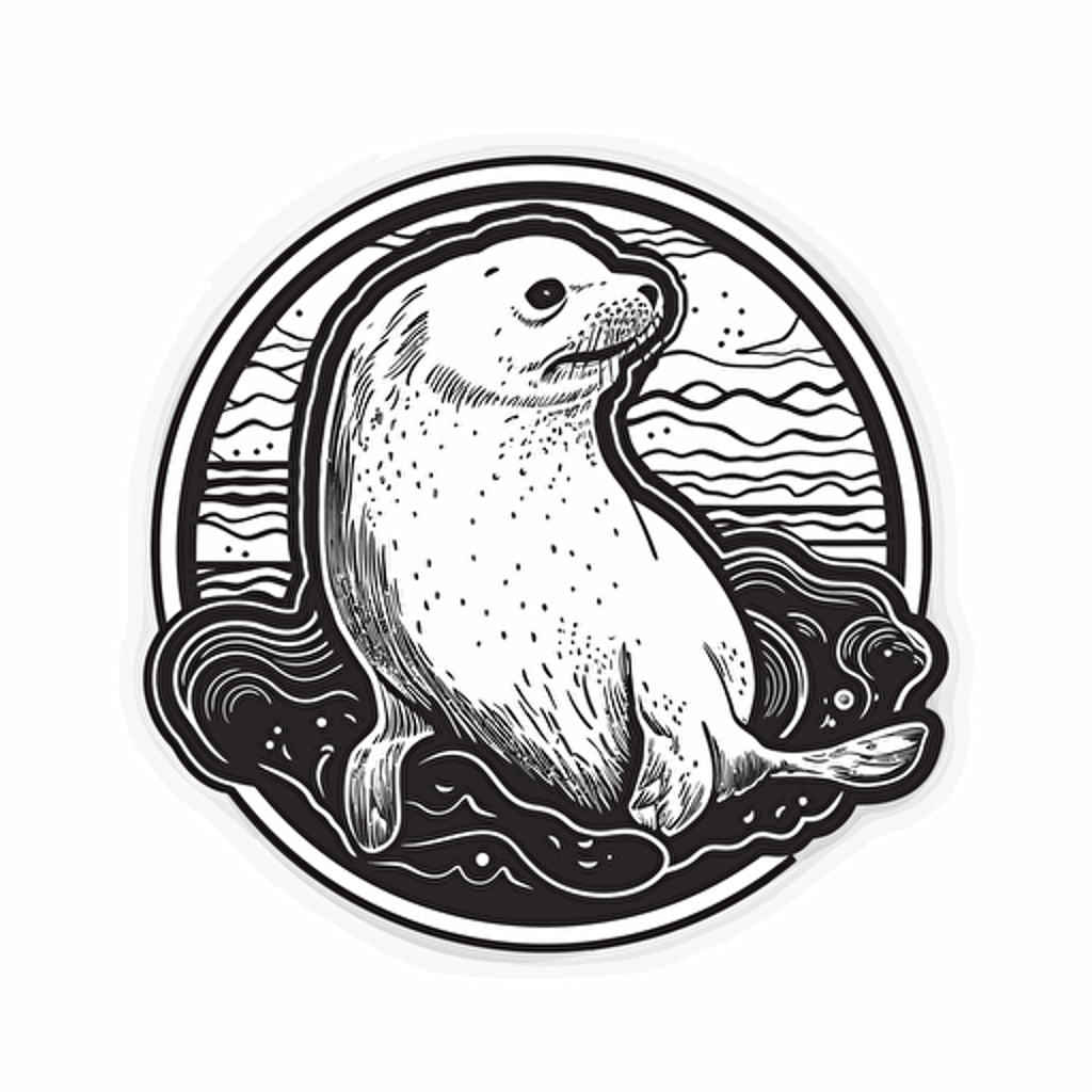 sea lion, Sticker, Happy, Dark, mural art style, Contour, Vector, White Background, Detailed