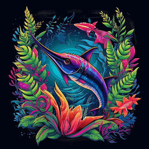 Atlantic Striped Marlin in the jungle, jungle plant motifs surrounding the Marlin, 2d vector, neon colours, epic composition, vector design on the edges of the image