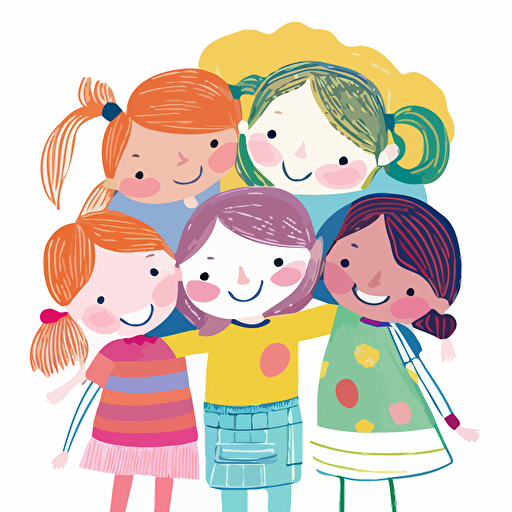 "Illustration of five cheerful Caucasian girls aged 5 to 8 years old, hugging each other and looking directly at the camera with big smiles on their faces, set against a completely blank and white background. Each girl is dressed in casual, colorful children's clothing that reflects their unique personalities. The overall style is bright and colorful, using a lively color palette and simple shapes to create an engaging and age-appropriate image that captures the joy and innocence of childhood friendships, with no other elements or distractions in the background." 2d minimalist illustration, vector