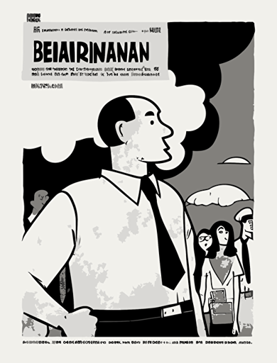 Ben Shahn, American art comic book inner paper style. There are an Asian young climate activist, a delivery rider, a female human rights activist, and a worker, and they imagine a "hammer" together on a big stage, hammer illust in a thought cloud, non-letter illustration. white background, vector imagination