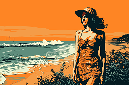 Beautiful brunette posing on the beach near the sea, vector