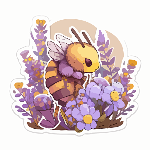 Vector sticker style, transparent background, cute kawaii style, yellow and brown honey bee collecting honey off purple wildflowers