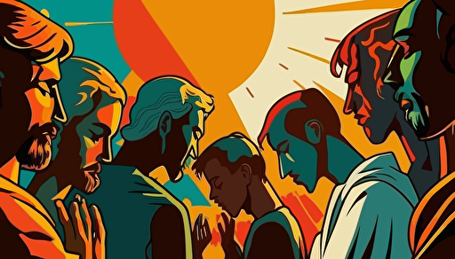 vector art, subtly, yet richly colored animated people, group, praying together, sunny background