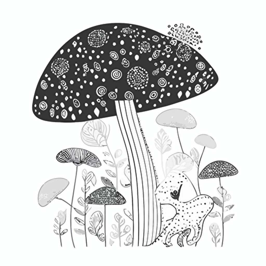 whimsical mushroom in style of charles williams, black and white, flat, vector, line drawling, white background ar 1:1