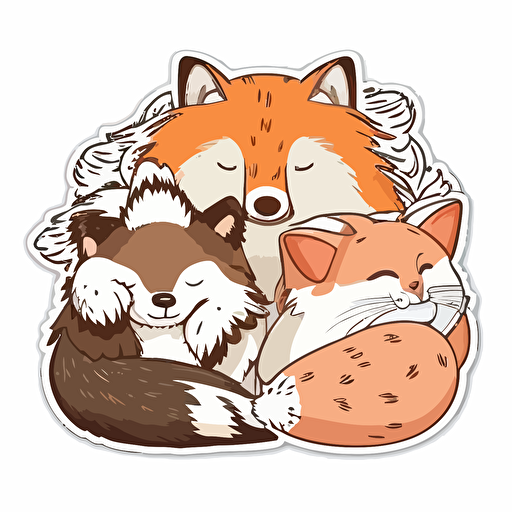 kawaii, four animals, white mancoon and brown calico and wolf dog and Rough Collie snuggled together, sticker, vector, white background, contour, cartoon style
