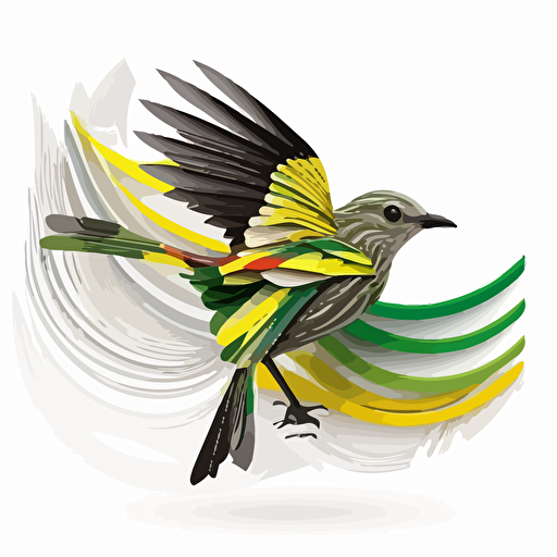 beautiful jamaican mockingbird flying upright, logo, vibrant colors, vector, white background, made from rubber bands