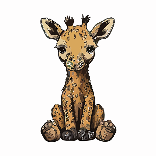 handdrawn cute sitting baby giraffe clipart, flat vector art, black clean outline, natural colours, symmetrical, isolated white background