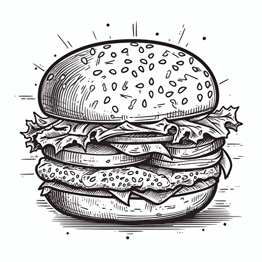 black and white outline vector illustration for a sticker of a classic American burger.