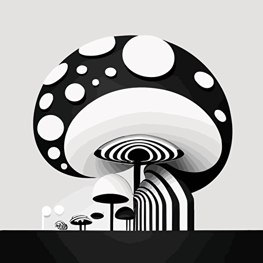 whimsical mushroom in style of Tom Whalen, abstract, simple, black and white, flat, vector, line drawling, white background ar 1:1
