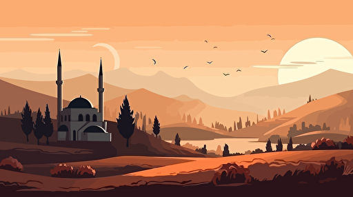 beautiful anatolian landscape with modern mosque and cottages, minimal vector design