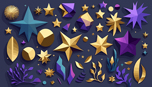 bright gradient palette blue purple gold star shapes are on a lighter background, in the style of hand-drawn animation, high fidelity vector illustration, sparse backgrounds, cut and paste, flattened perspective, simplified shapes