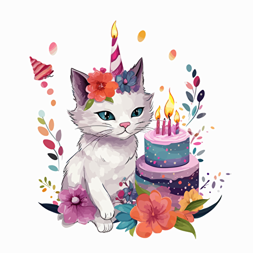 happy birthday cat, detailed, cartoon style, 2d watercolor clipart vector, creative and imaginative, floral, hd, white background