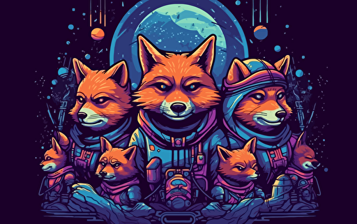 logo design of a group of anthromoporphic shiba dressed in sci-fi battle gear with spaceships and planets behind them, 2d, purple and blue colors, vector, amazing-logo-design