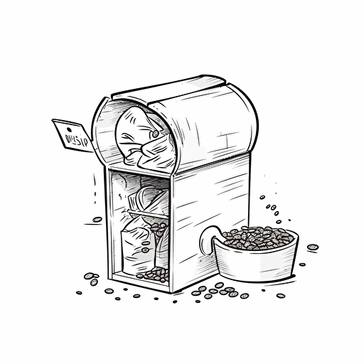 bag of coffee beans sitting inside an open letterbox postbox mailbox vector illustration, cartoon mis-en-scene, simplified line work