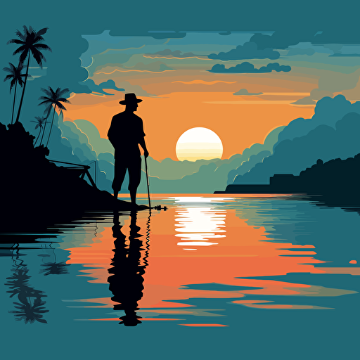 fishing man silhouette, beach background vector illustration, in the style of raphael lacoste, restrained impressionism, uhd image, r. kenton nelson, pensive stillness, high resolution, john mckinstry