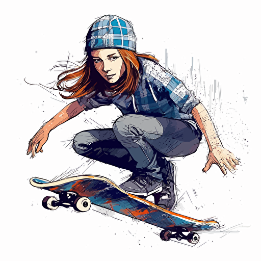 vector art style, 14 years young skater girl, Michael Park, white background, no splashes