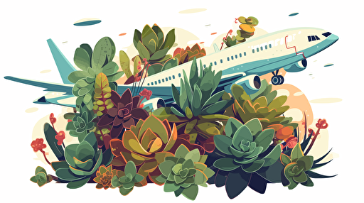 importing succulents, echeveria and succulents on airplane, flat color, vector illustration, for blog thumbnail image, simple, white background