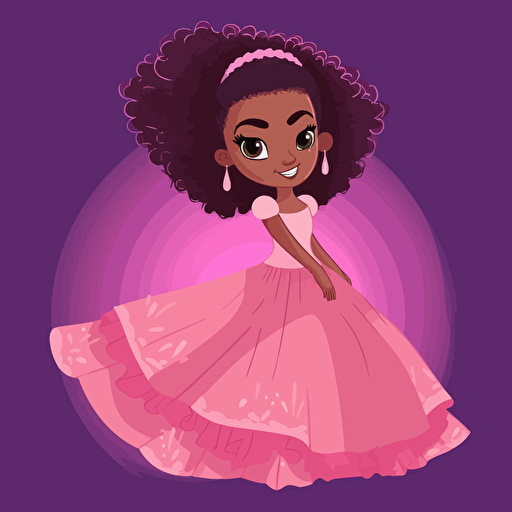 vector illustration of a beautiful happy black mixed race little girl princess with wild Afro hairstyle in long soft pink dress , vivid colors, white background