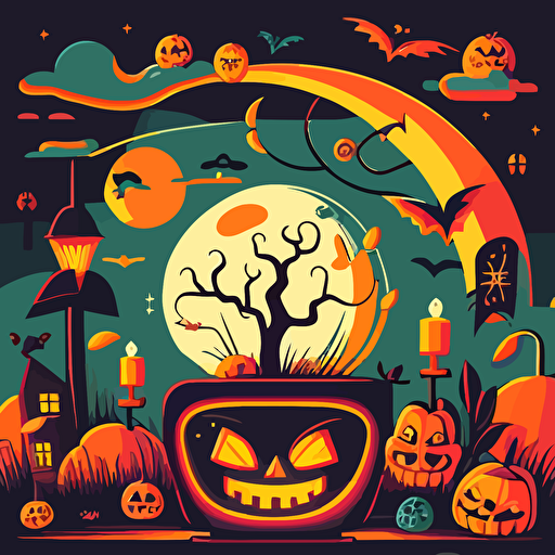 mid century retro Halloween, 2d flat cartoon, vector illustration, vibrant colors