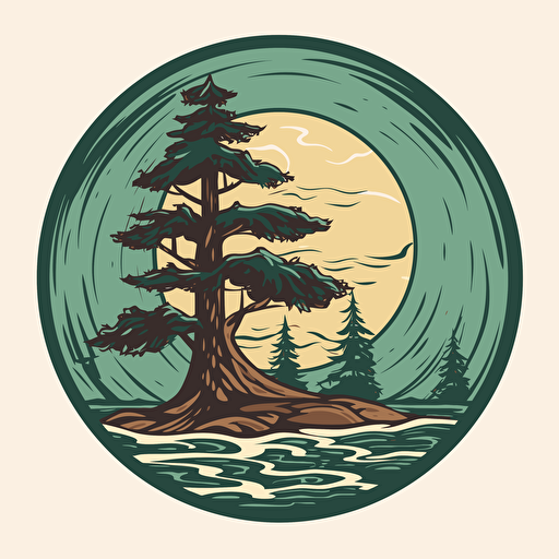pine tree,water,vector style,emblem,sticer