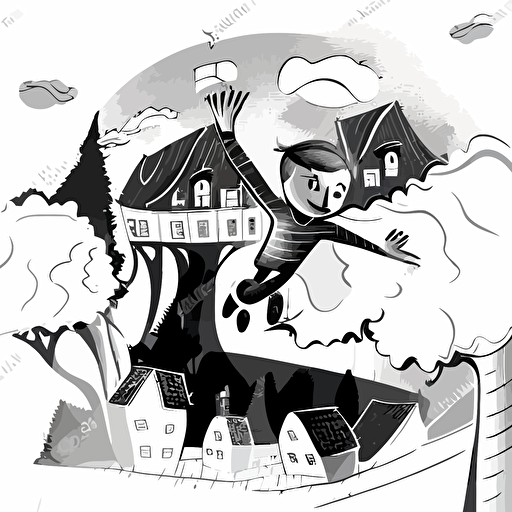 Little boy flying above houses and trees higher in the sky . black and white vector illustration. Cheerful image