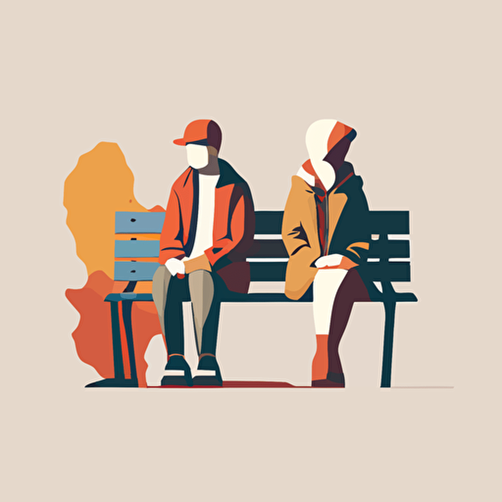 Flat vector of 2 people sitting side by side on a bench. Solid colours.